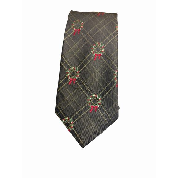 Roundtree & Yorke Christmas Silk Tie Mens Holiday Wreath Plaid Necktie 4x60 - Picture 4 of 11